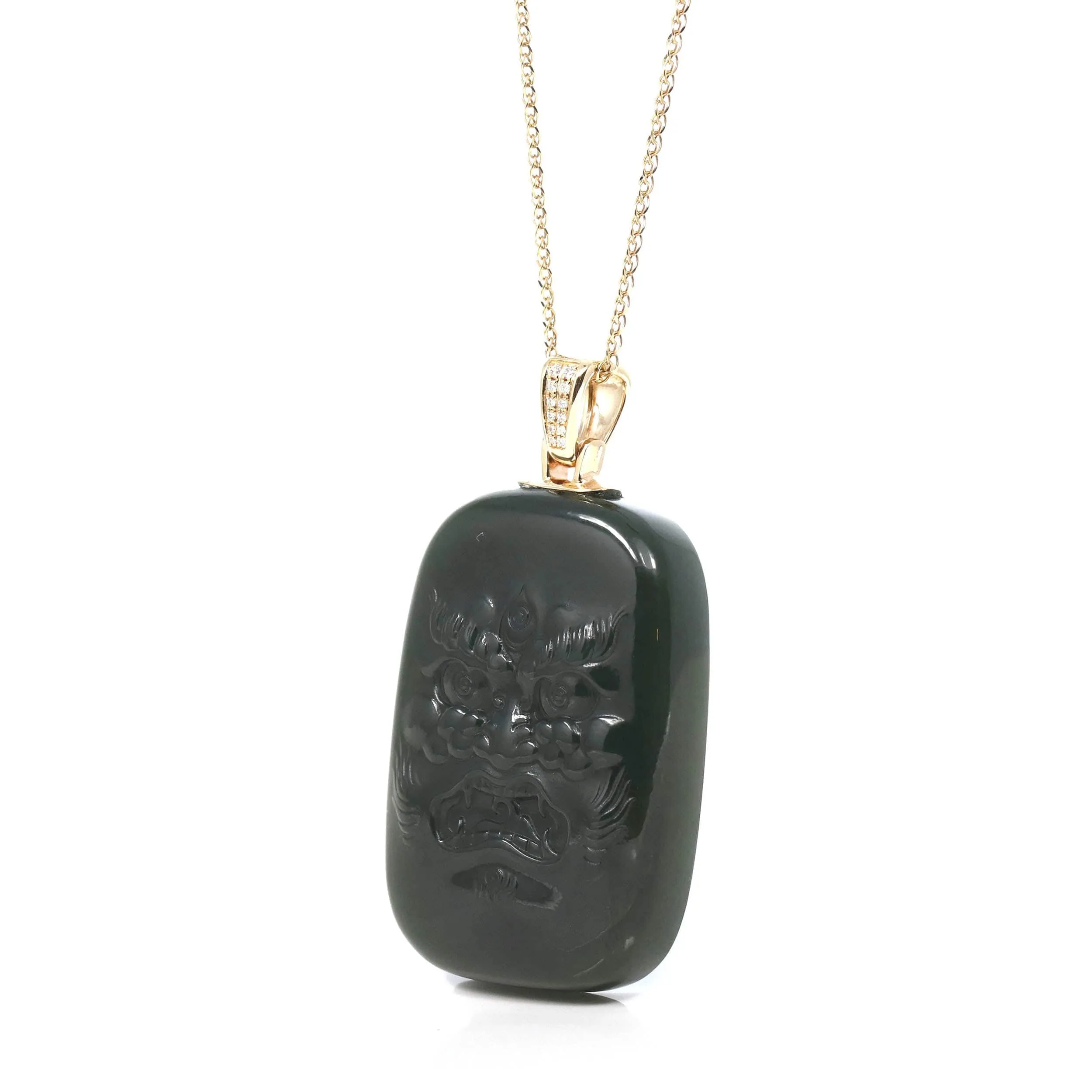 Baikalla™ 14K Yellow Gold Genuine Nephrite Black Jade "Demon Hunter" Pendant Necklace