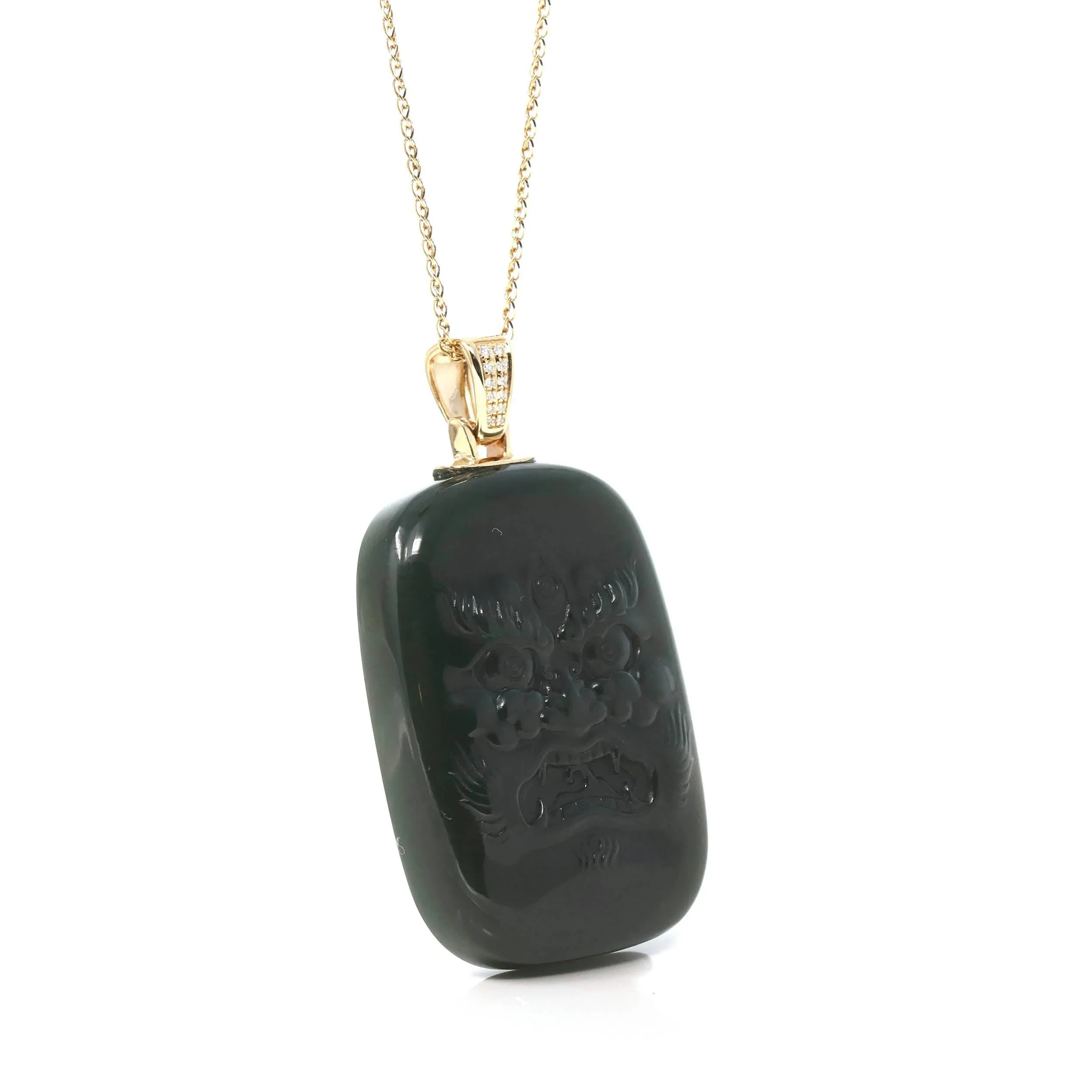 Baikalla™ 14K Yellow Gold Genuine Nephrite Black Jade "Demon Hunter" Pendant Necklace