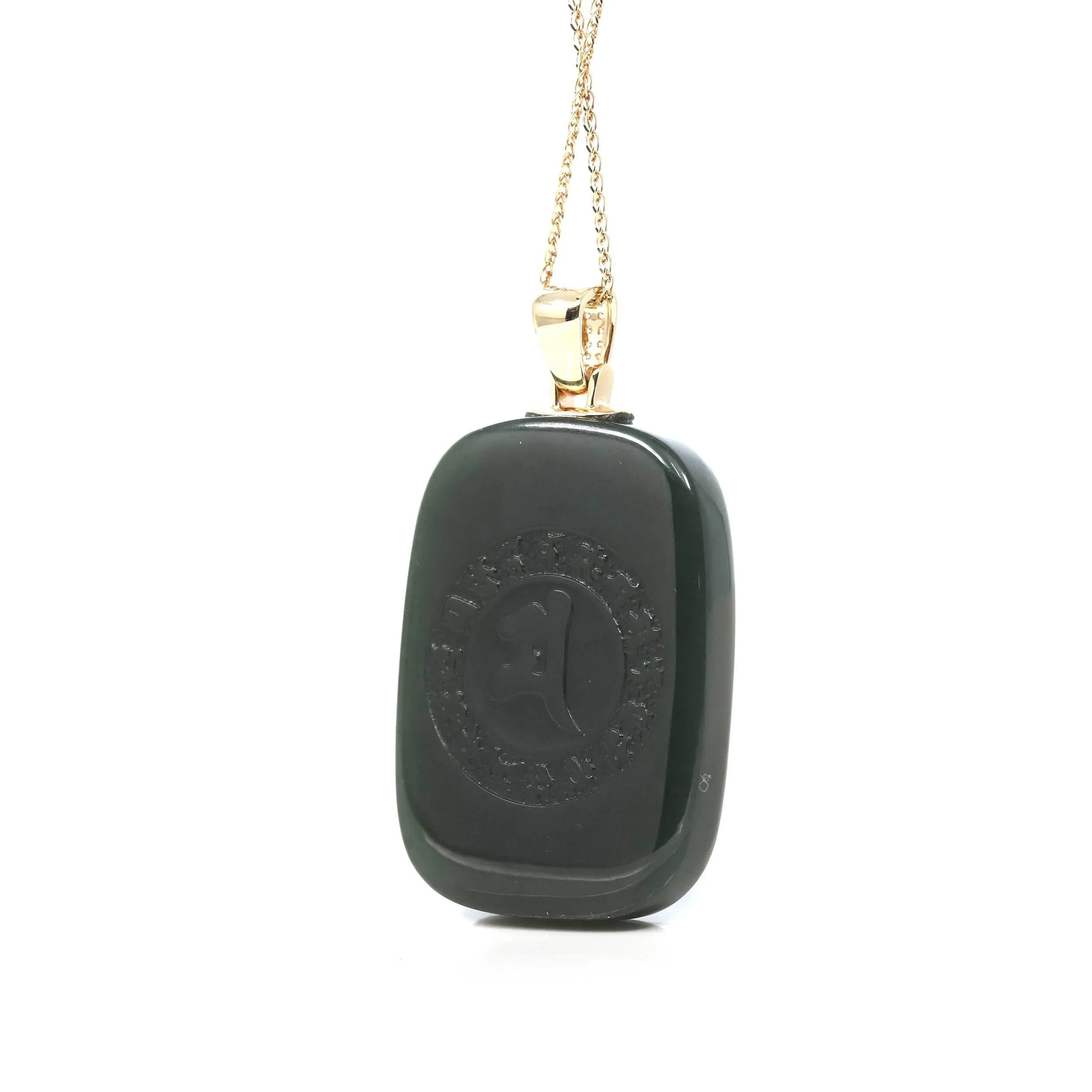 Baikalla™ 14K Yellow Gold Genuine Nephrite Black Jade "Demon Hunter" Pendant Necklace