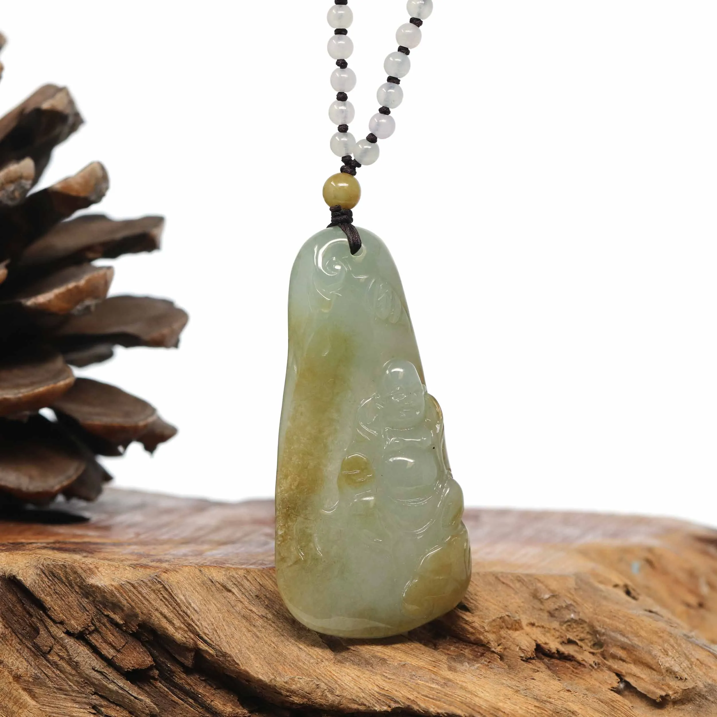 Baikalla Natural Yellow Burmese Jadeite Jade Happy Buddha Carving Pendant