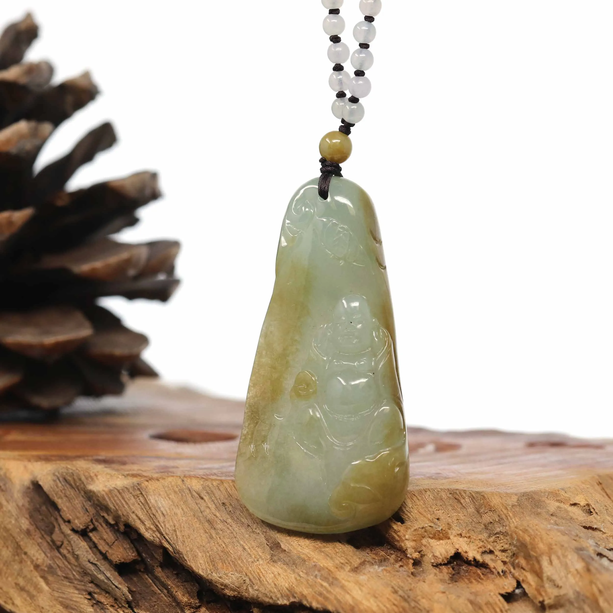 Baikalla Natural Yellow Burmese Jadeite Jade Happy Buddha Carving Pendant