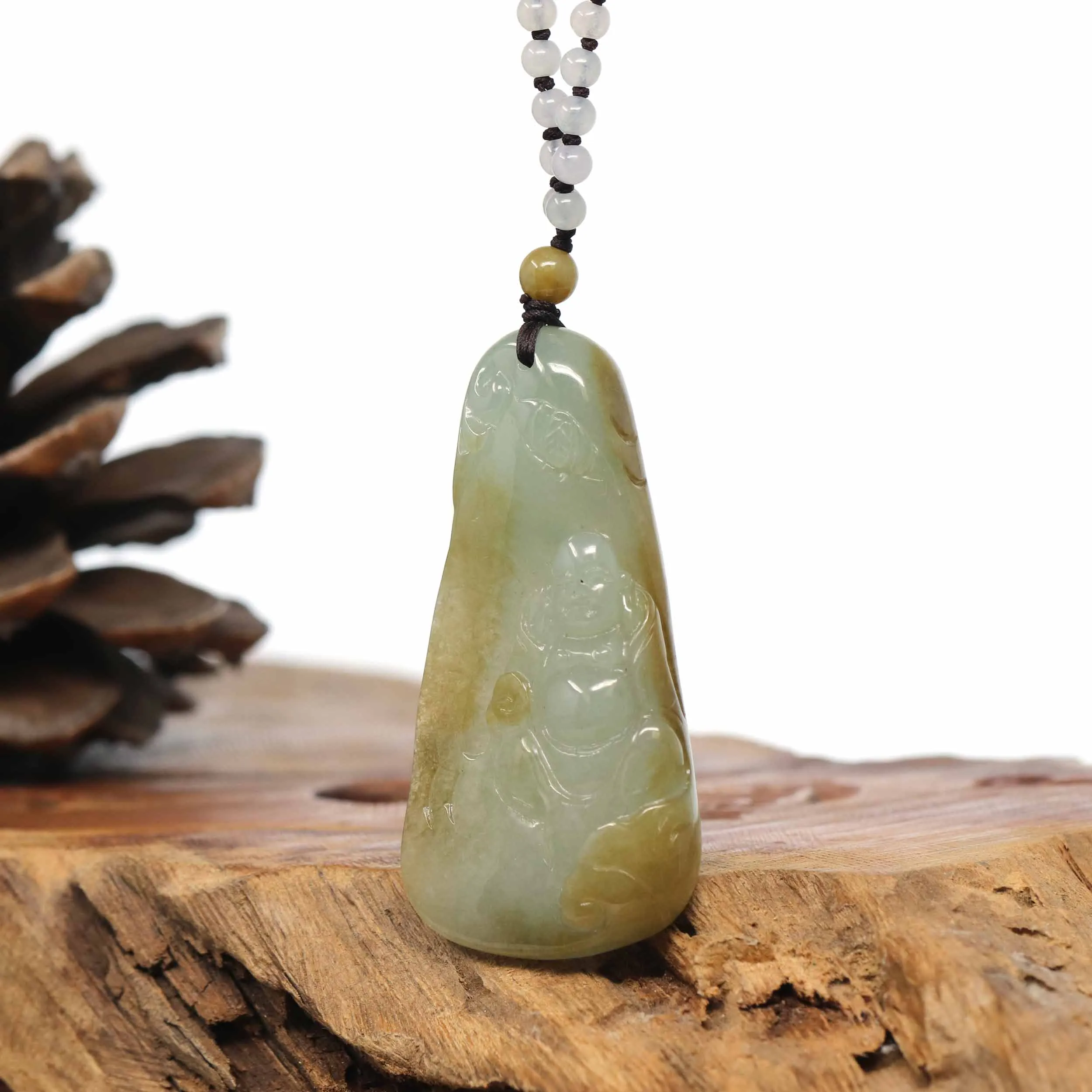 Baikalla Natural Yellow Burmese Jadeite Jade Happy Buddha Carving Pendant