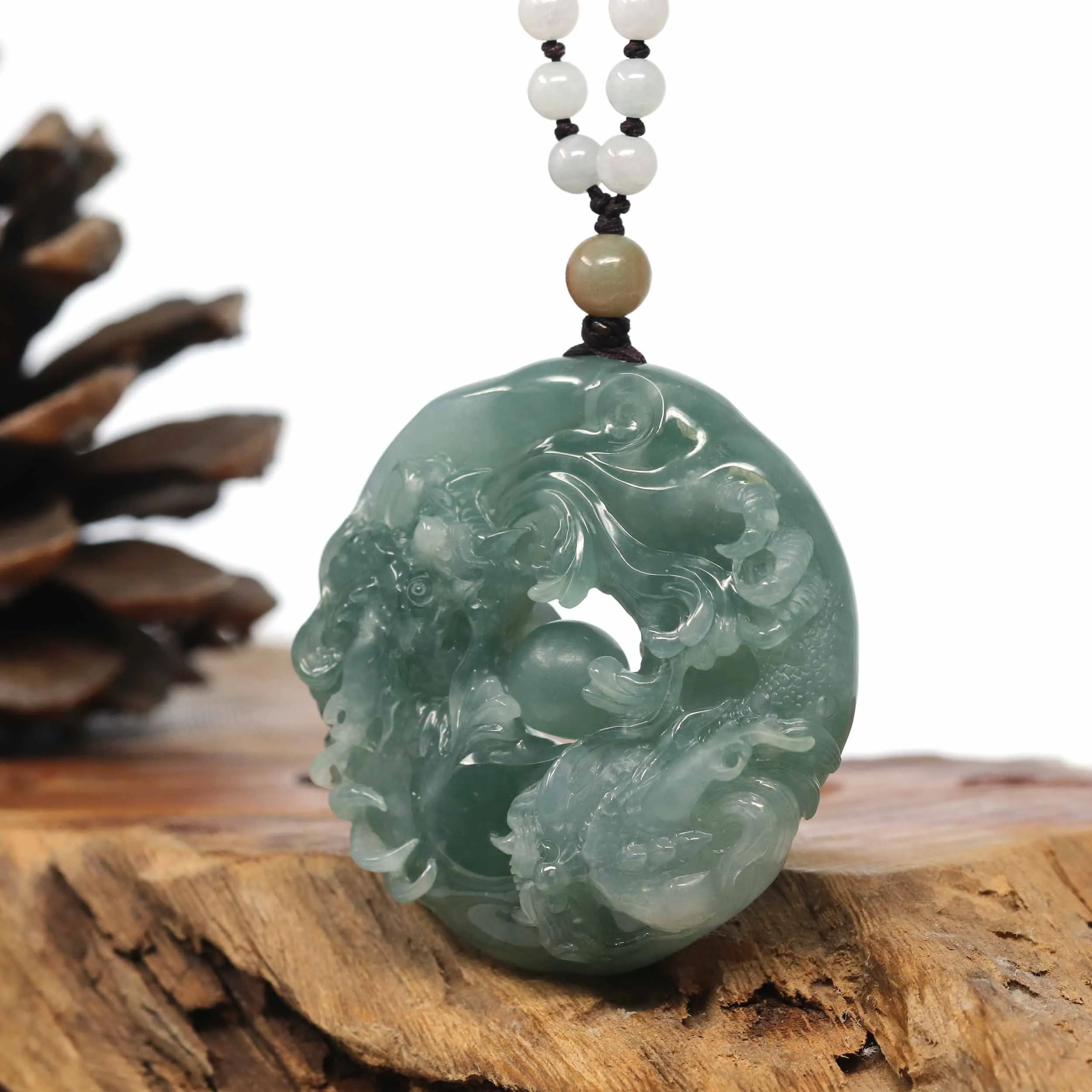 Baikalla "Double Dragon Playing With Golden Ball" Natural Jadeite Jade Blue Green Pendant Necklace For Men, Collectibles