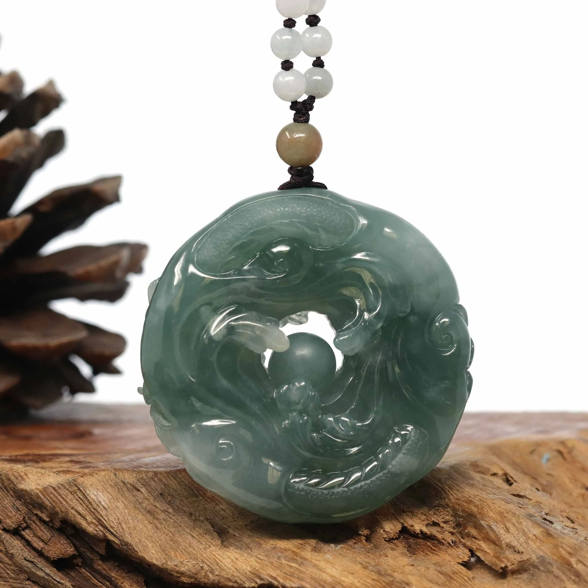 Baikalla "Double Dragon Playing With Golden Ball" Natural Jadeite Jade Blue Green Pendant Necklace For Men, Collectibles