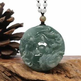 Baikalla "Double Dragon Playing With Golden Ball" Natural Jadeite Jade Blue Green Pendant Necklace For Men, Collectibles