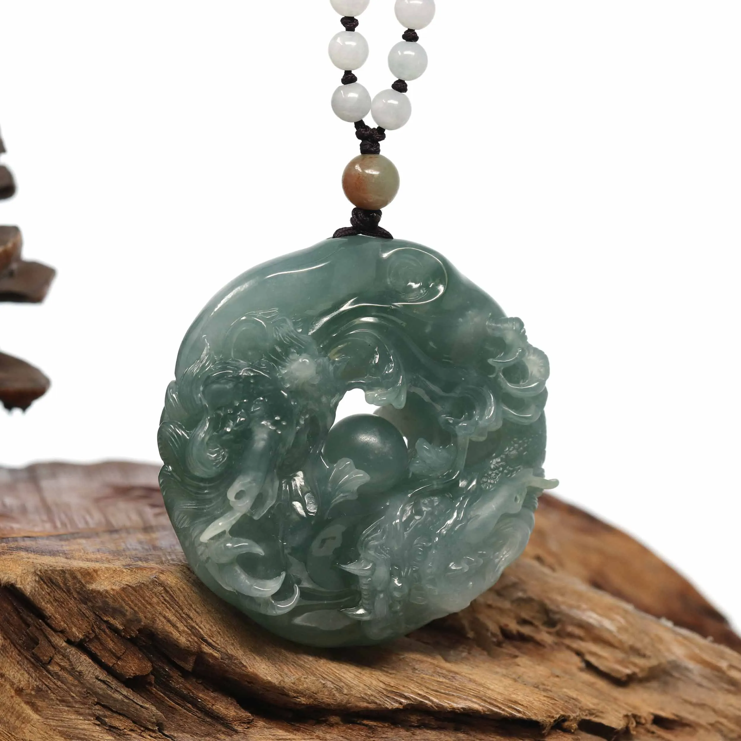 Baikalla "Double Dragon Playing With Golden Ball" Natural Jadeite Jade Blue Green Pendant Necklace For Men, Collectibles