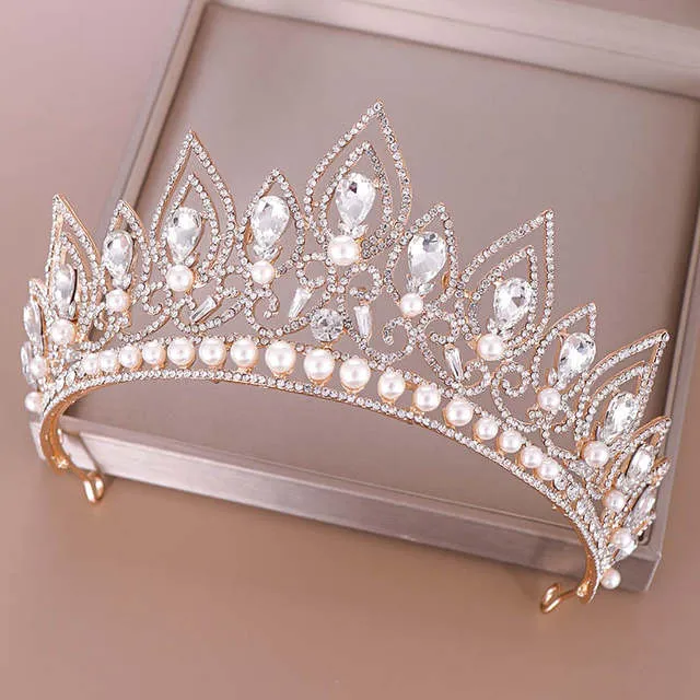 Baroque  Crystal Crown Princess Birthday Party Imitation Pearl Tiaras Bridal Wedding Accessory