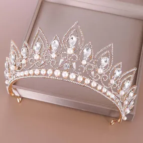 Baroque  Crystal Crown Princess Birthday Party Imitation Pearl Tiaras Bridal Wedding Accessory