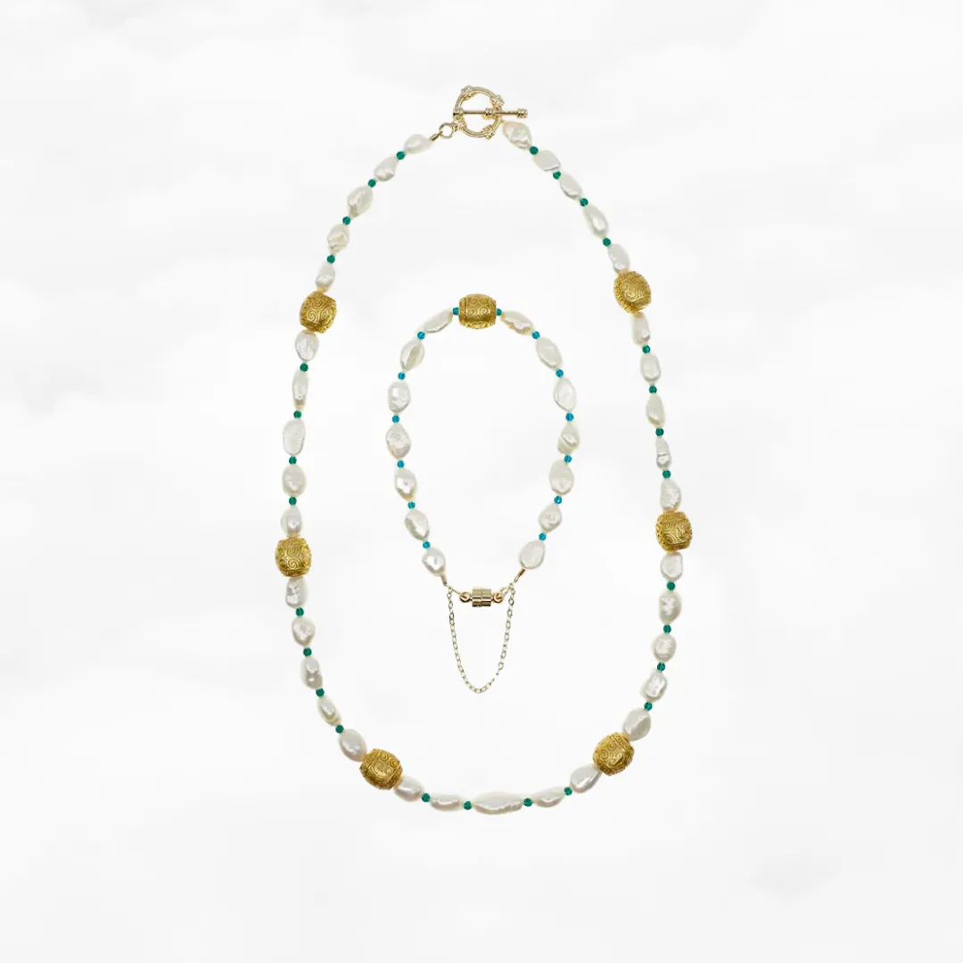 Baroque Pearl Necklace and Bracelet Set with Auspicious Clouds