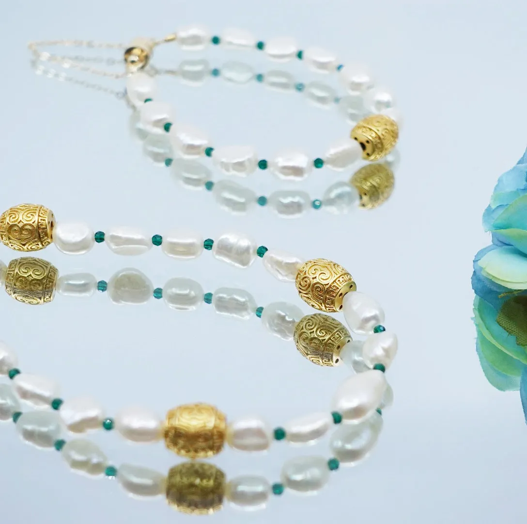 Baroque Pearl Necklace and Bracelet Set with Auspicious Clouds