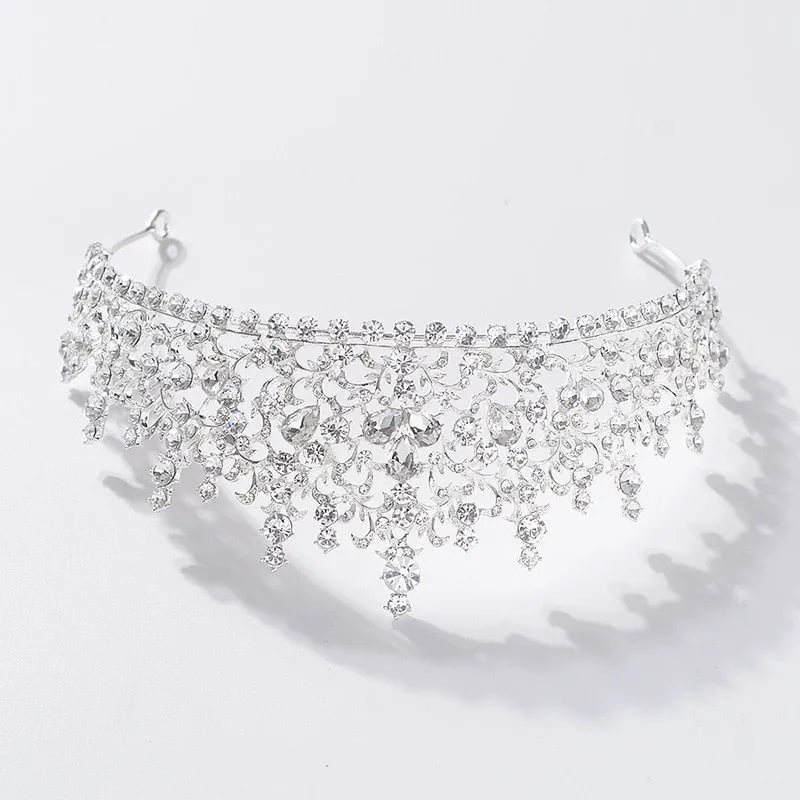 Baroque Silver Color Crystal Flower Bridal Tiaras Crown Rhinestone Pageant Diadem Bride Headband Wedding Hair Accessories Bijoux