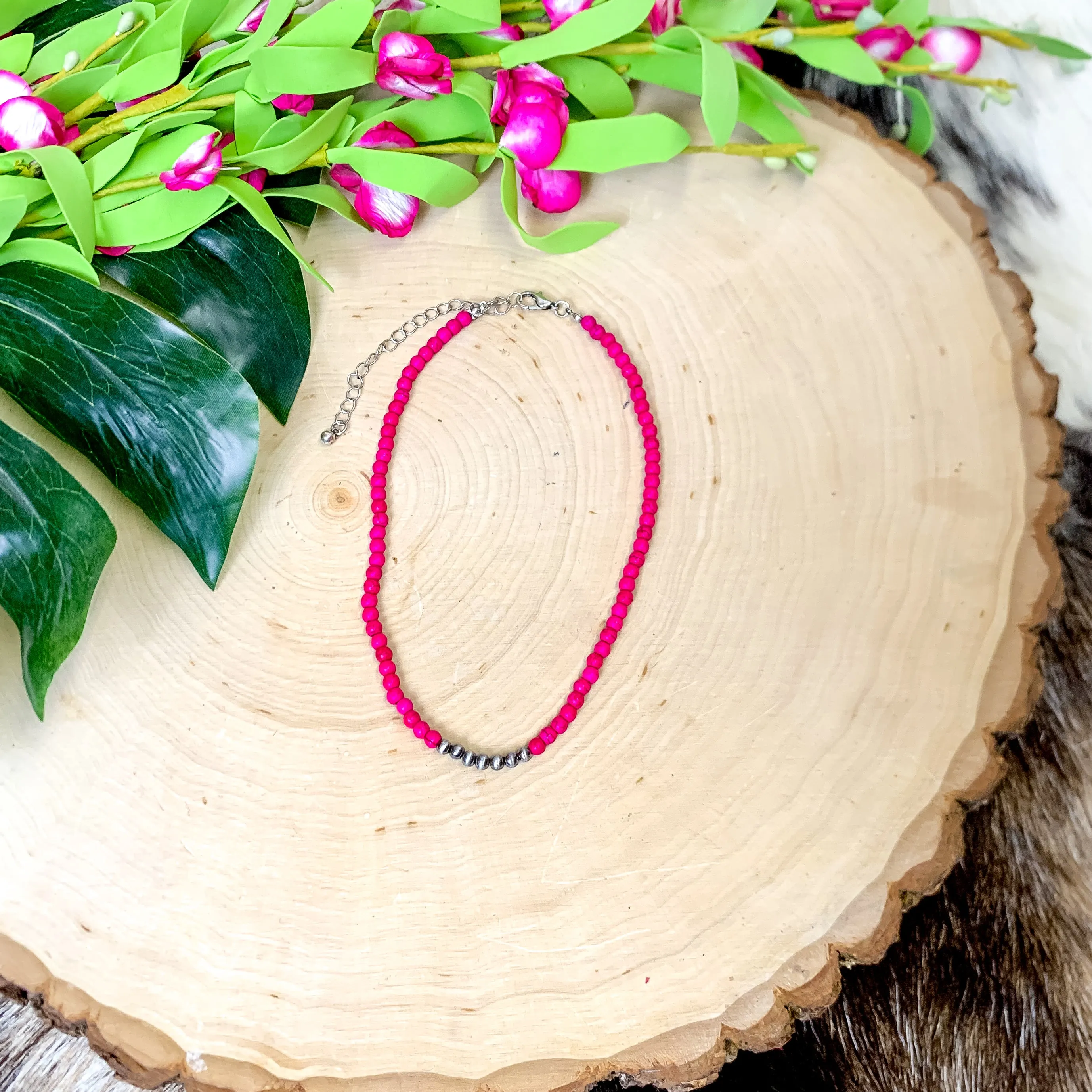 Beaded Choker Necklace with Faux Navajo Pearls in Fuchsia Pink