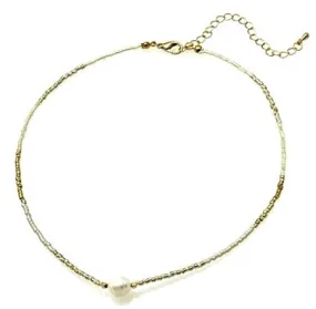 Beaded Necklace with Freshwater Pearl Pendant - White