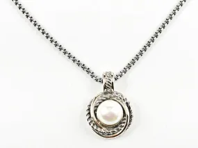 Beautiful Round Layered Two Tone Design Charm With Center Pearl Brass Necklace