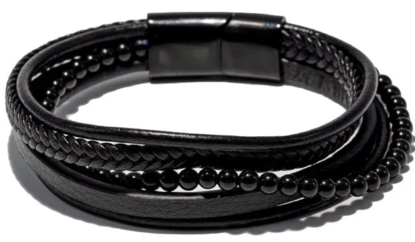 Black Leather & Onyx Gemstone Wrap Bracelet