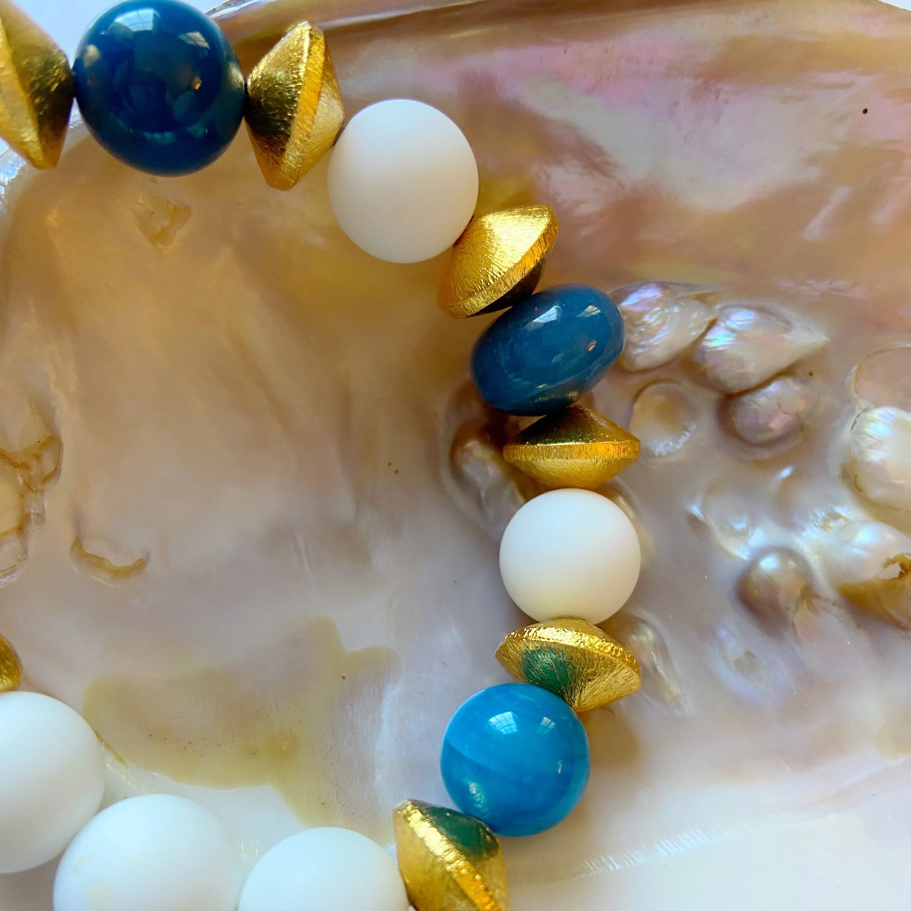 Blue Apatite and Alabaster Gemstone Gold Vermeil Beaded Bracelet