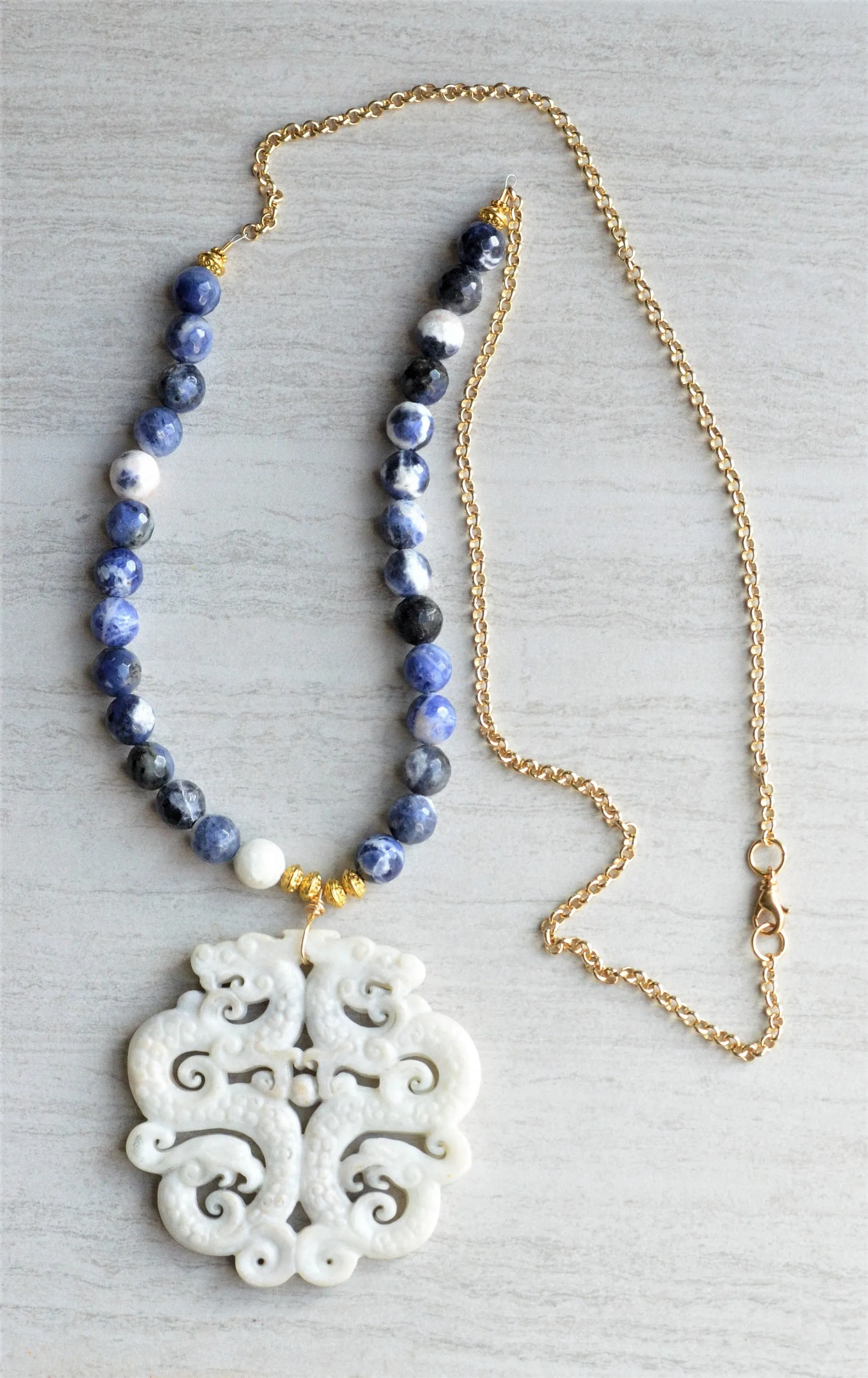 Blue White Beaded Jade Pendant Long Statement Necklace - Tai