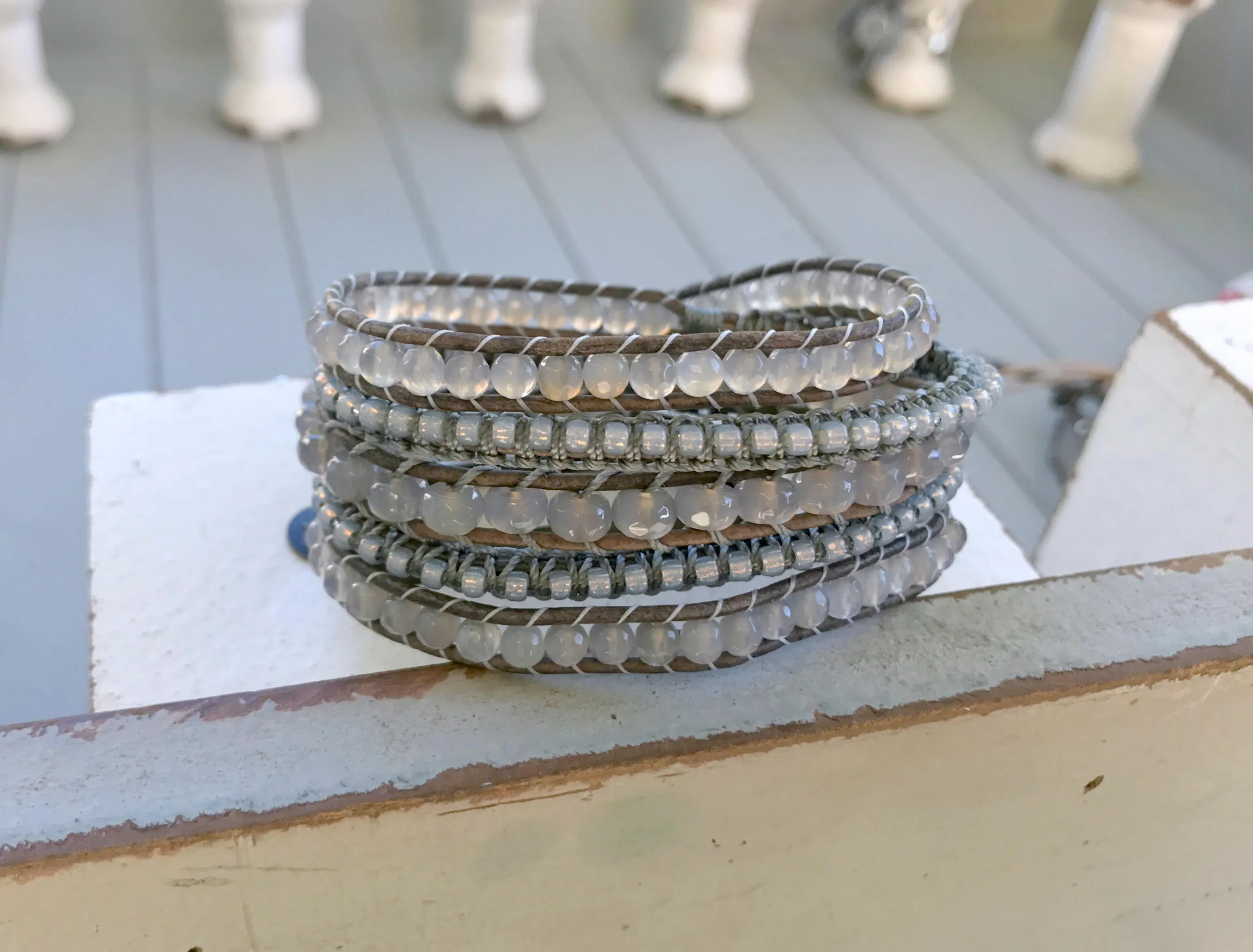 Bohemian Boho Gray Agate Macrame bracelet 5x leather wrap bracelet