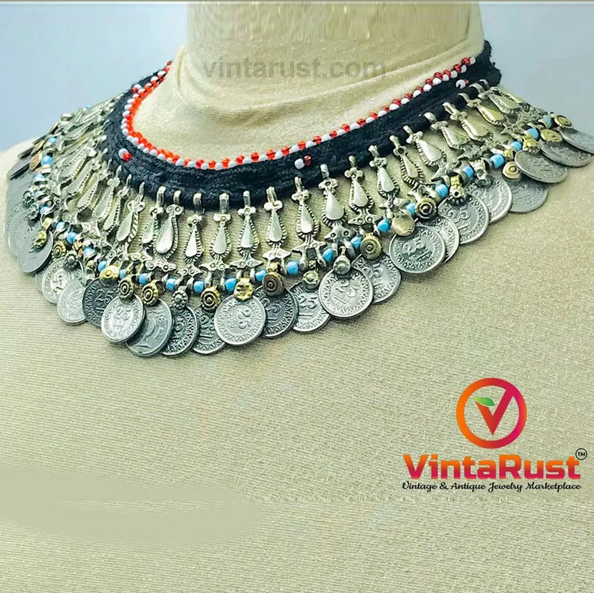 Boho Choker Necklace With Beads and Vintage Coins