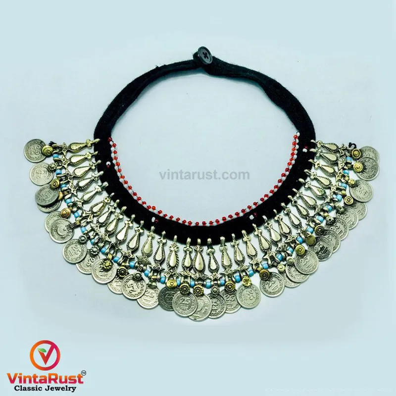 Boho Choker Necklace With Beads and Vintage Coins