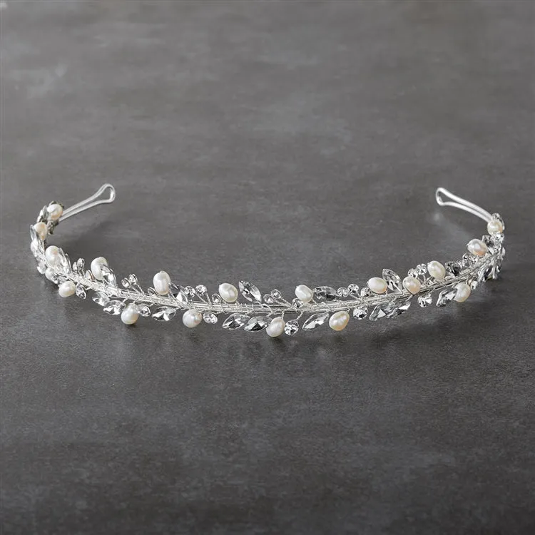 BRIDAL HEADBAND/TIARA WITH Genuine Freshwater Pearls & Austrian Crystals 4624T-I-S