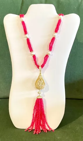 Bright Pink Jade and Pearl Gold Pendant Necklace 34”