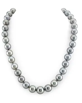 Bright Silver Tahitian True Round Pearl Necklace, 10.0-12.0mm - AAAA Quality