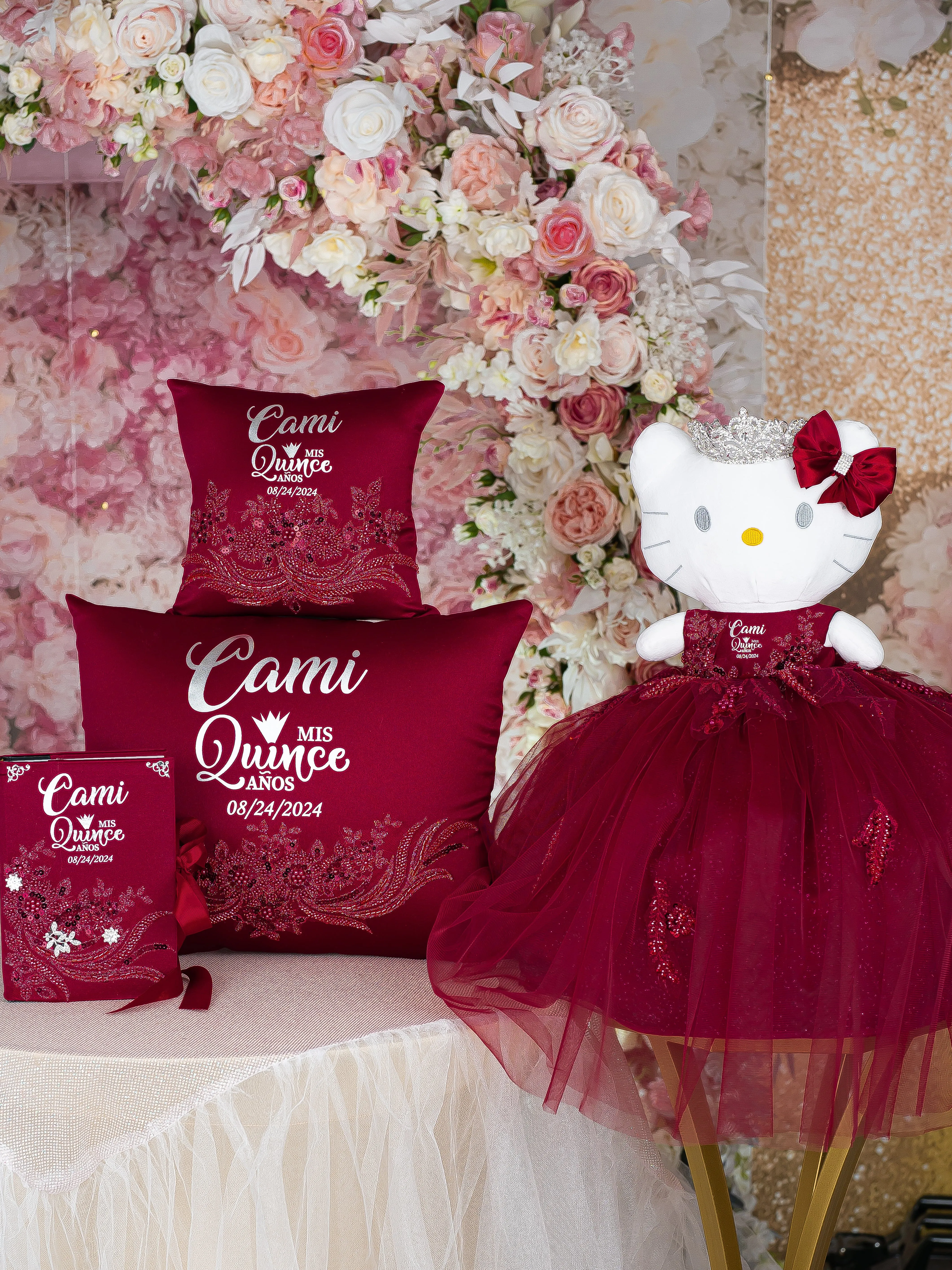 Burgundy Silver Quinceanera pillows set and bible