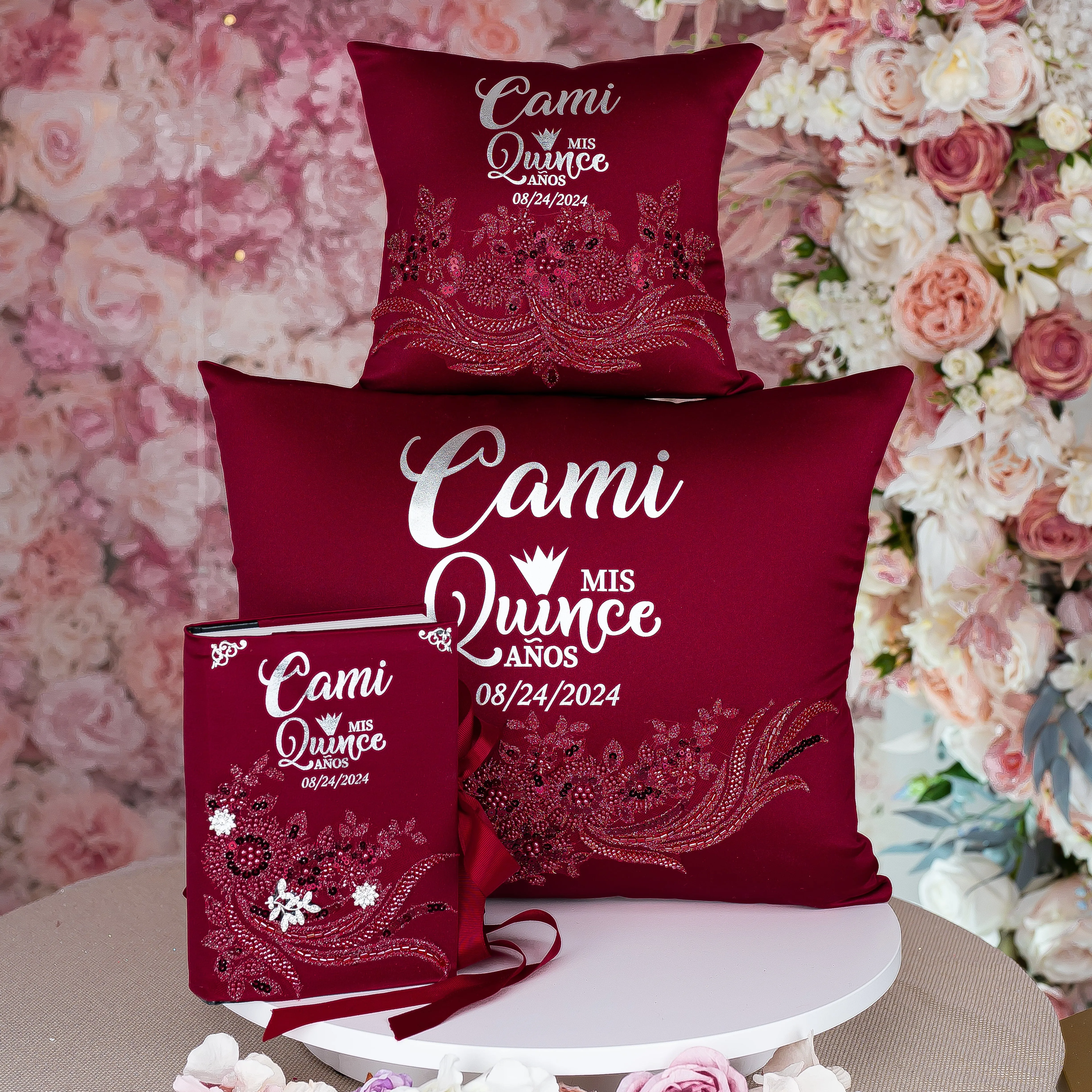 Burgundy Silver Quinceanera pillows set and bible