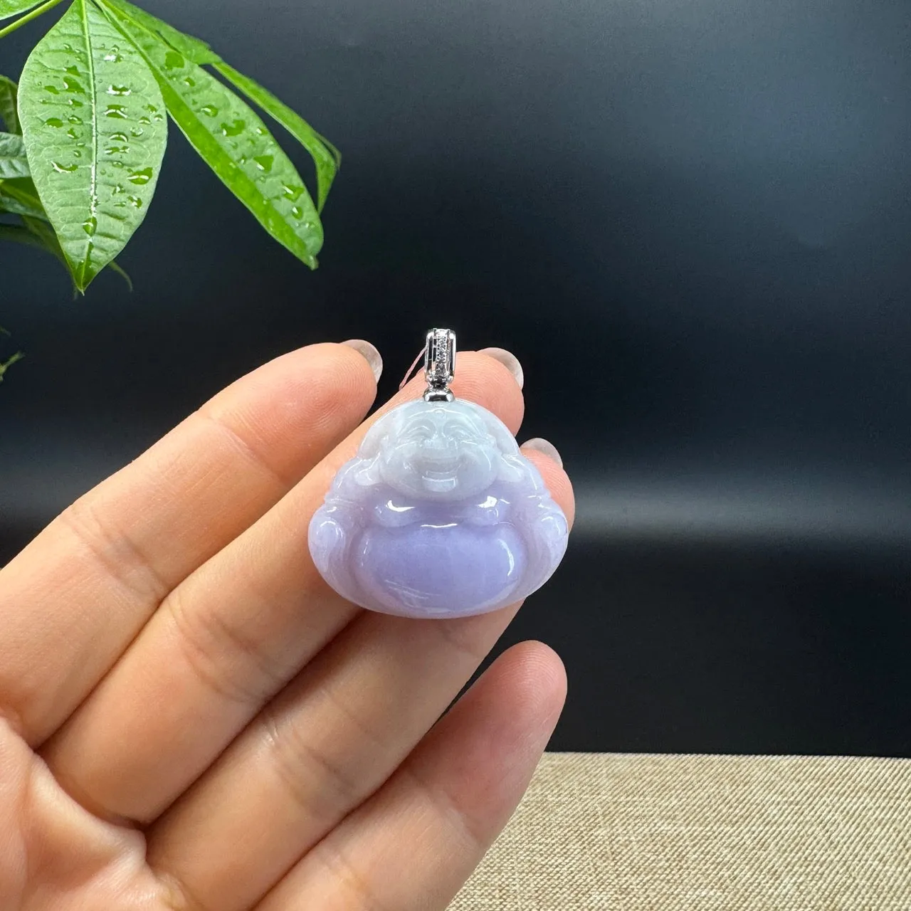 Burmese Lavender Jadeite Jade Happy Buddha Pendant with Diamond Bail