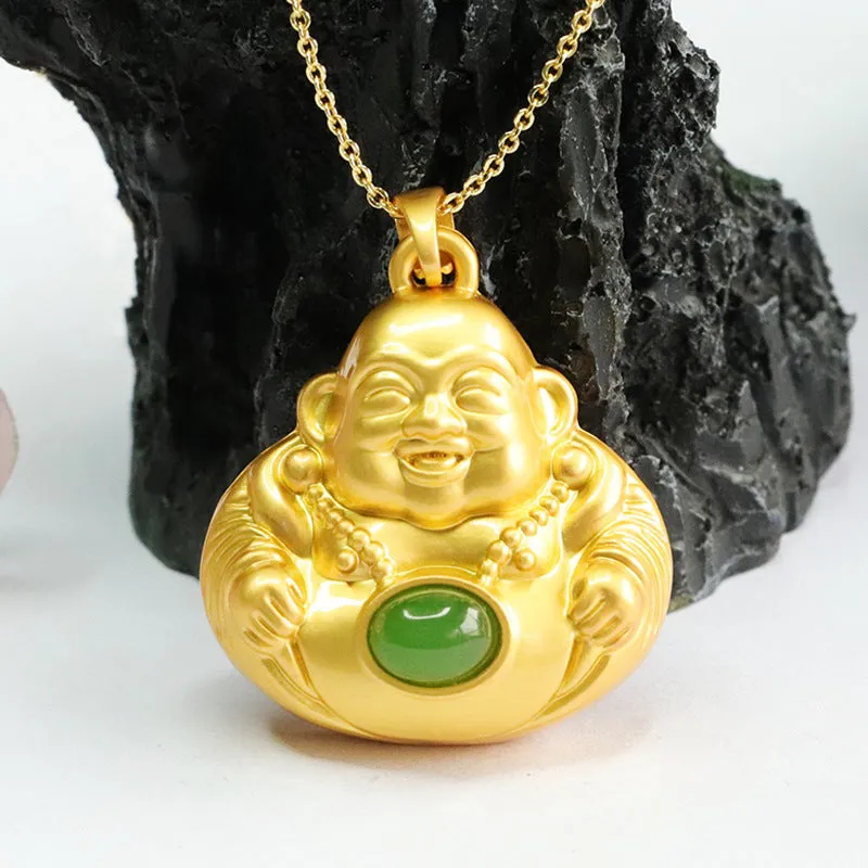 Calming Energy Maitreya Buddha Oval Pendant with Hotan Jade