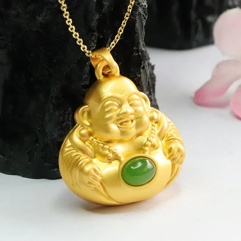 Calming Energy Maitreya Buddha Oval Pendant with Hotan Jade