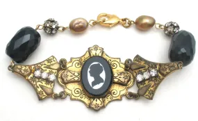 Cameo Silhouette Bead Rhinestone Brass Bracelet