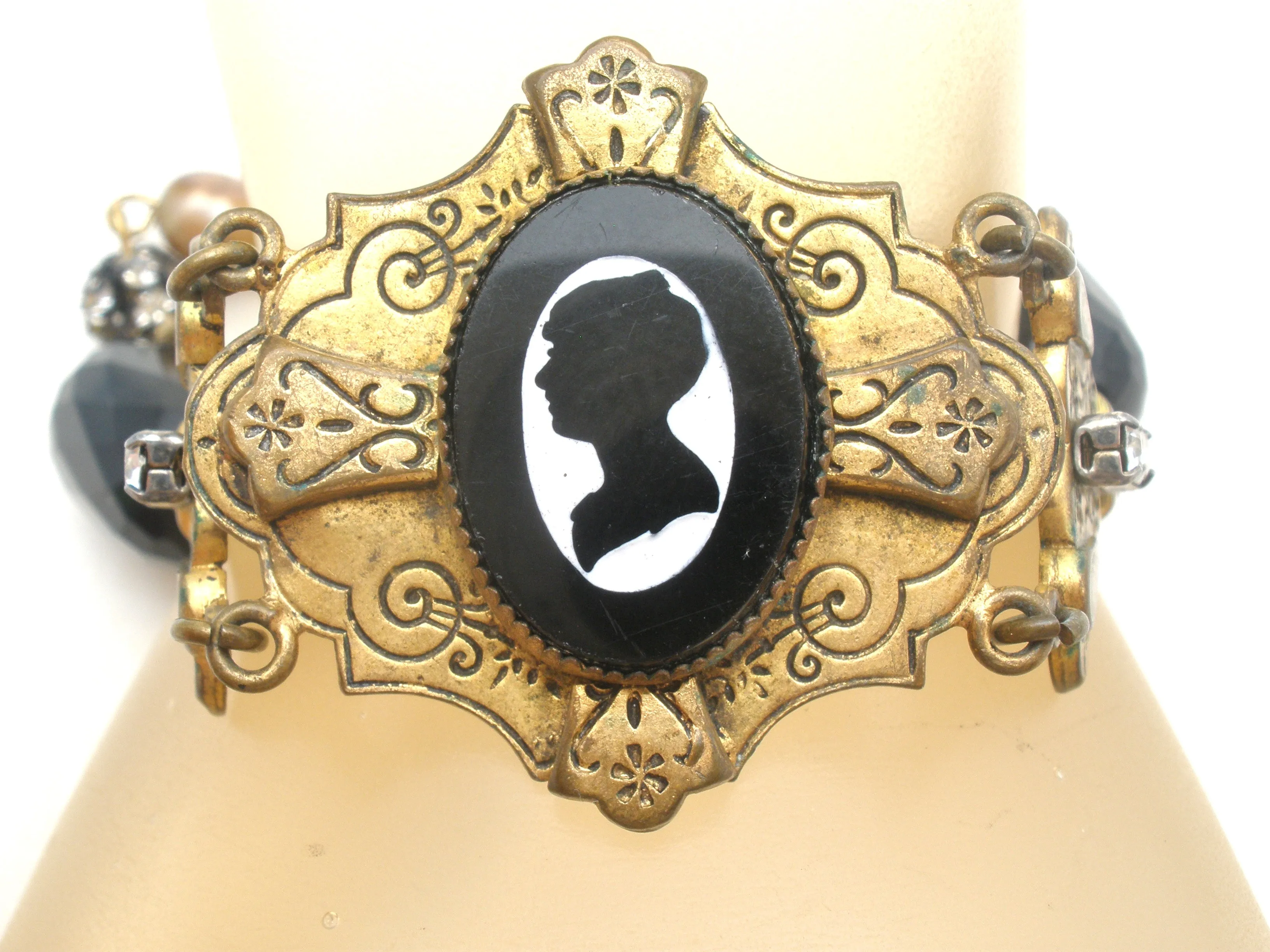 Cameo Silhouette Bead Rhinestone Brass Bracelet