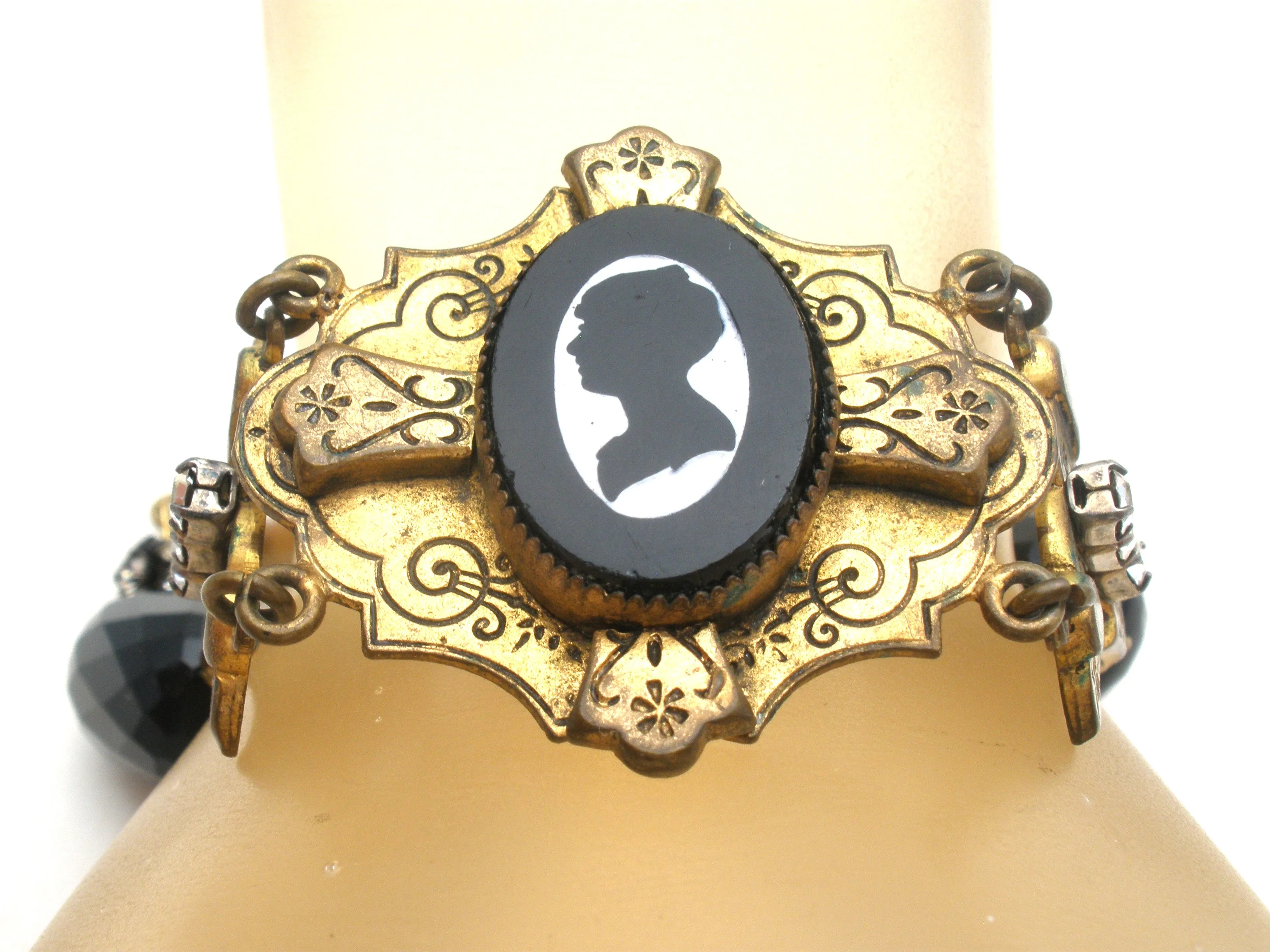 Cameo Silhouette Bead Rhinestone Brass Bracelet