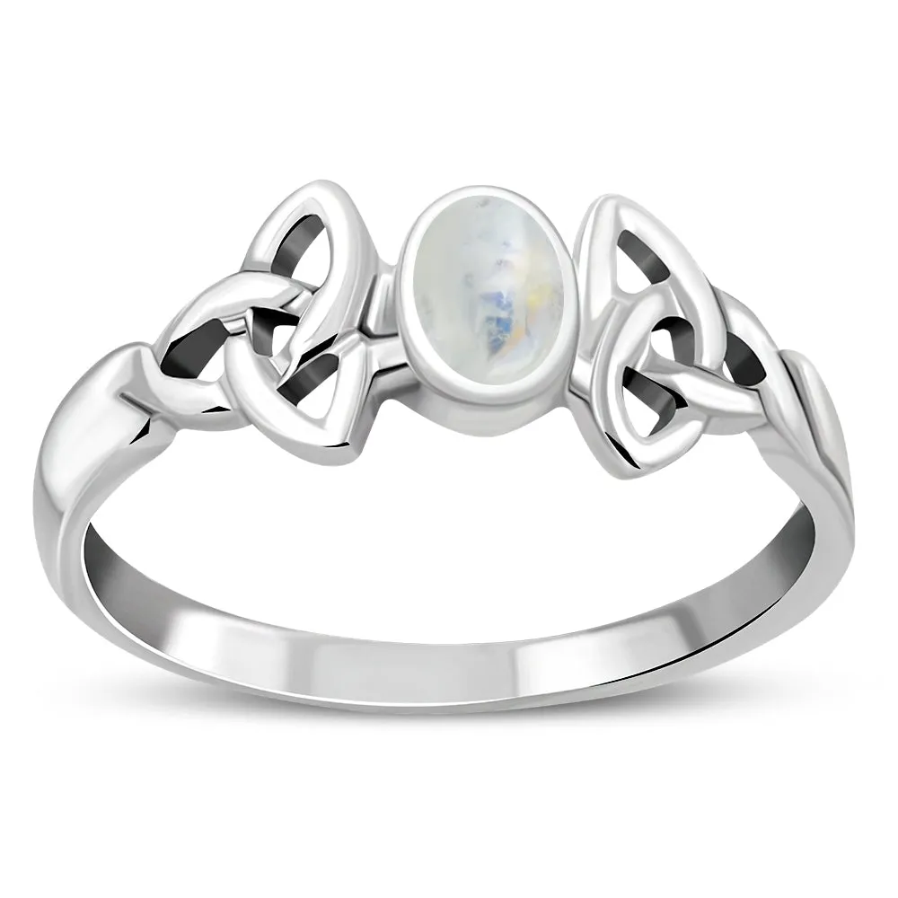 Celtic Trinity Knot Rainbow Moonstone Silver Ring