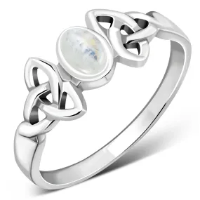 Celtic Trinity Knot Rainbow Moonstone Silver Ring