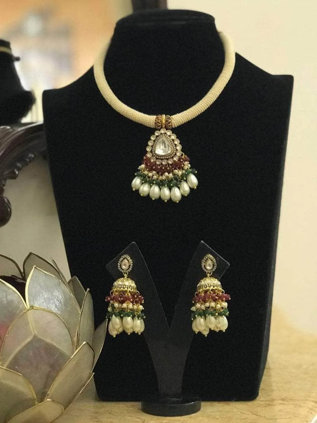 Centre Polki Pendant Moti Trunk Necklace Set