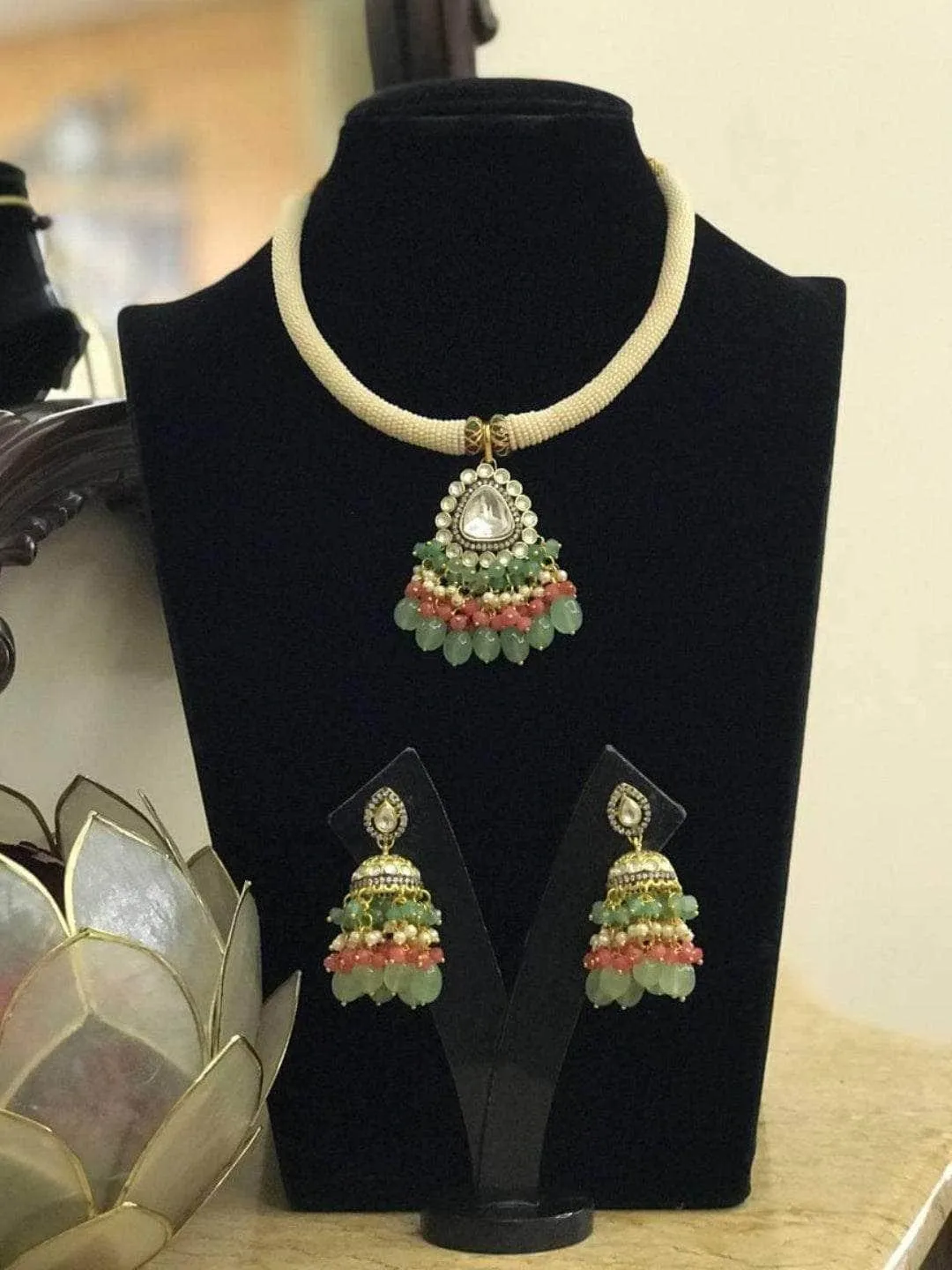 Centre Polki Pendant Moti Trunk Necklace Set