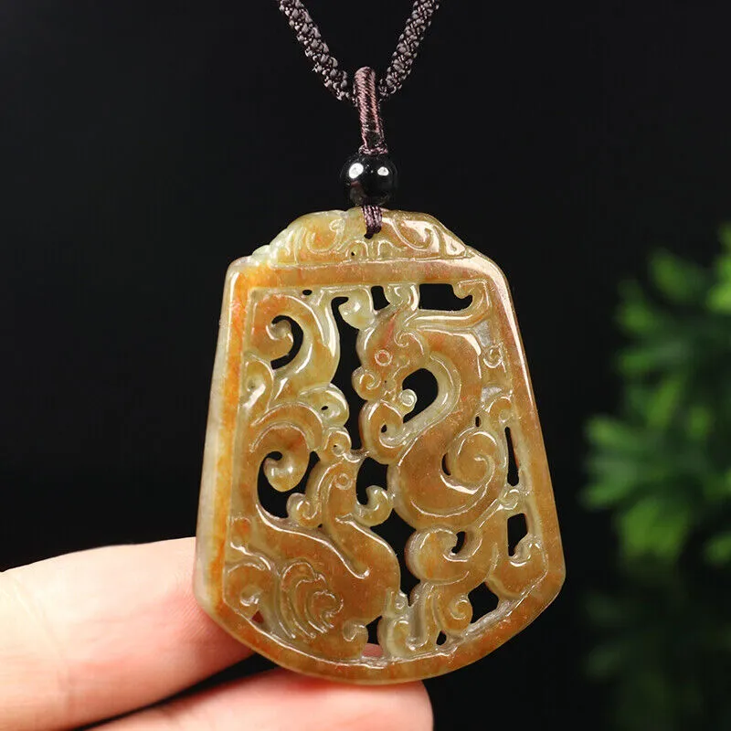 Certified Grade A Red Green Natural Jadeite Jade Pendant Dragon Phoenix Necklace