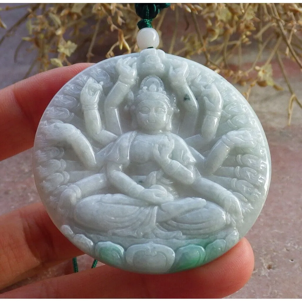 Certified Green Natural A Jade Jadeite Pendant 1000 Hand Guanyin Kwan Yin Necklace