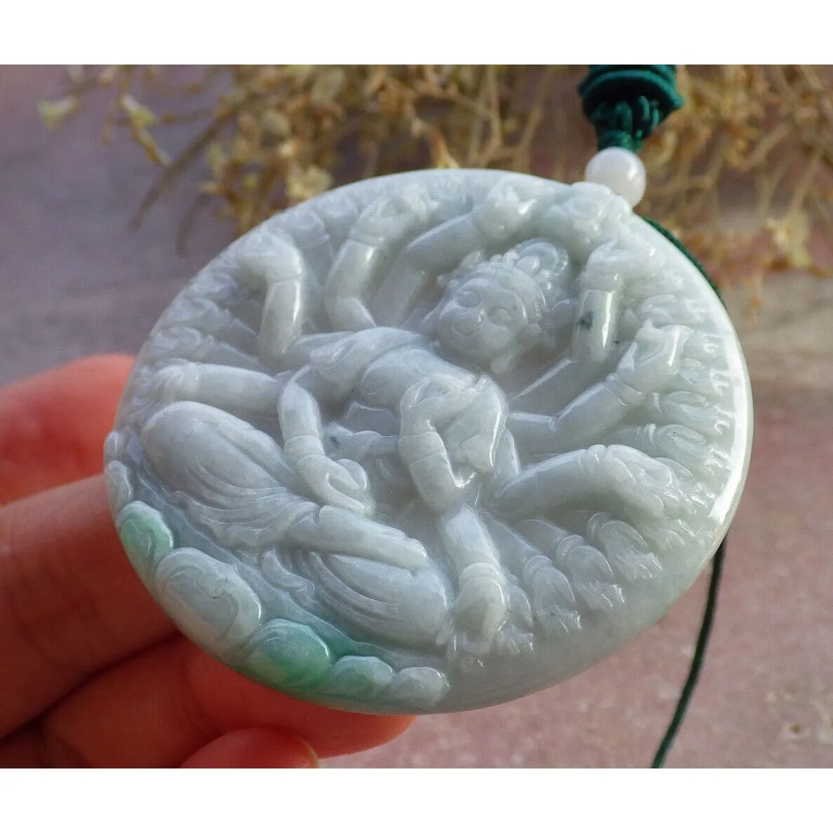 Certified Green Natural A Jade Jadeite Pendant 1000 Hand Guanyin Kwan Yin Necklace