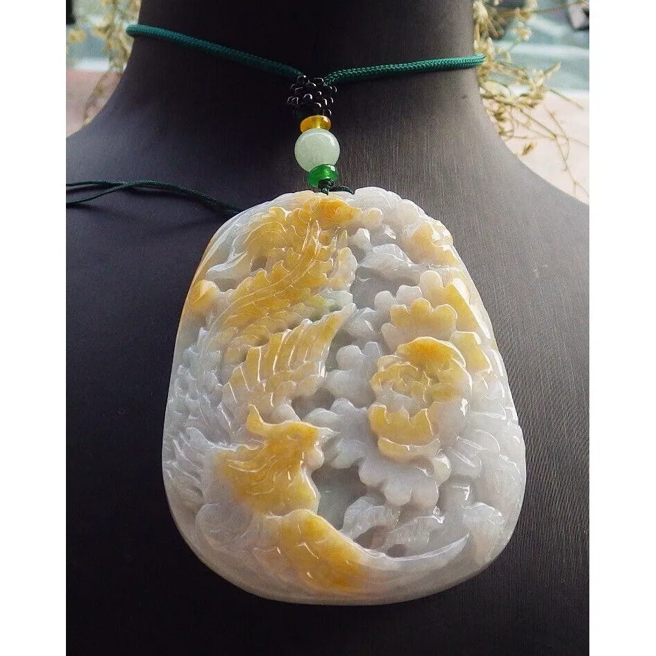 Certified Yellow Burma Natural A Jade Jadeite Pendant Phoenix Flower Necklace