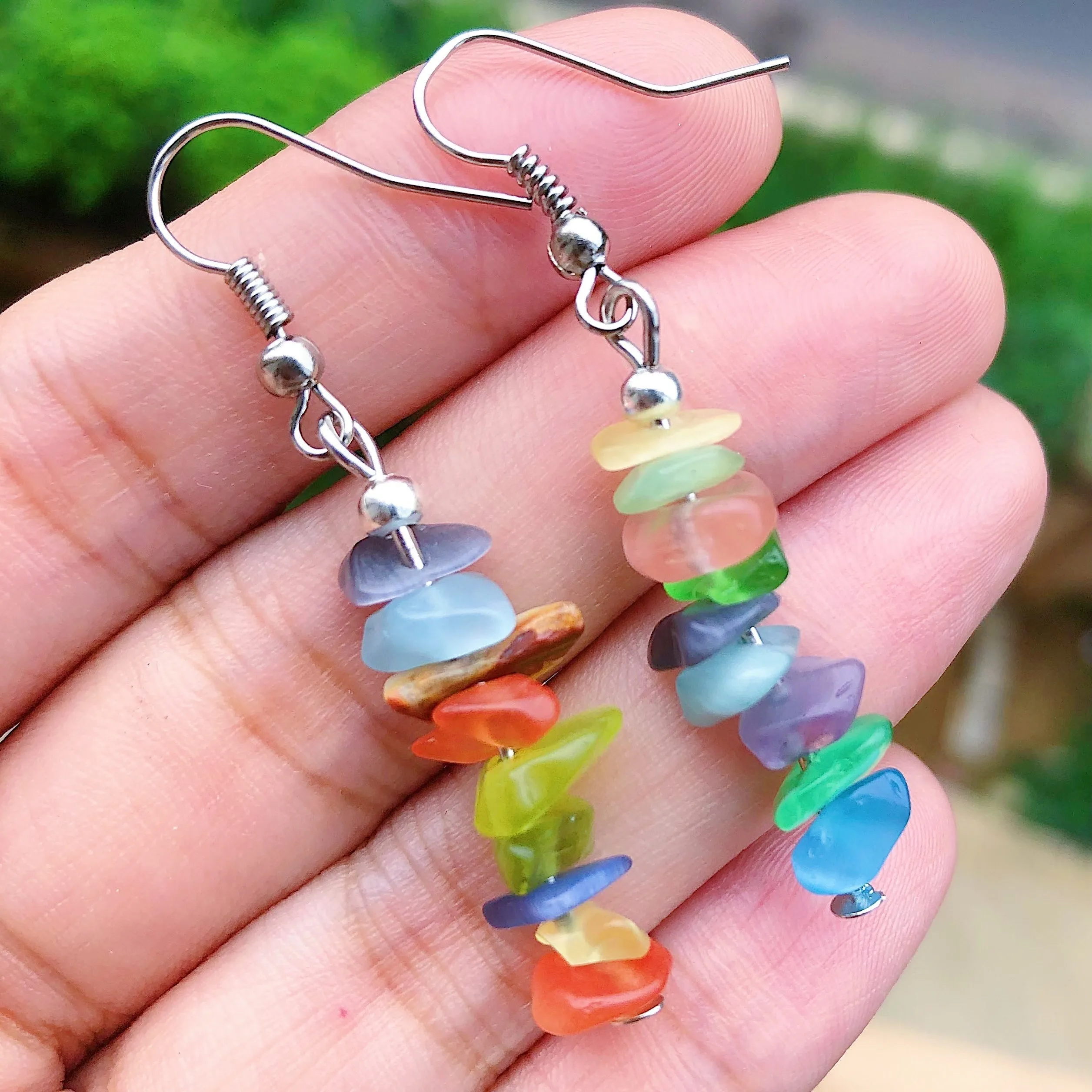 Chakra Gemstone Chip Earrings  Natural Stone Dangle Hooks