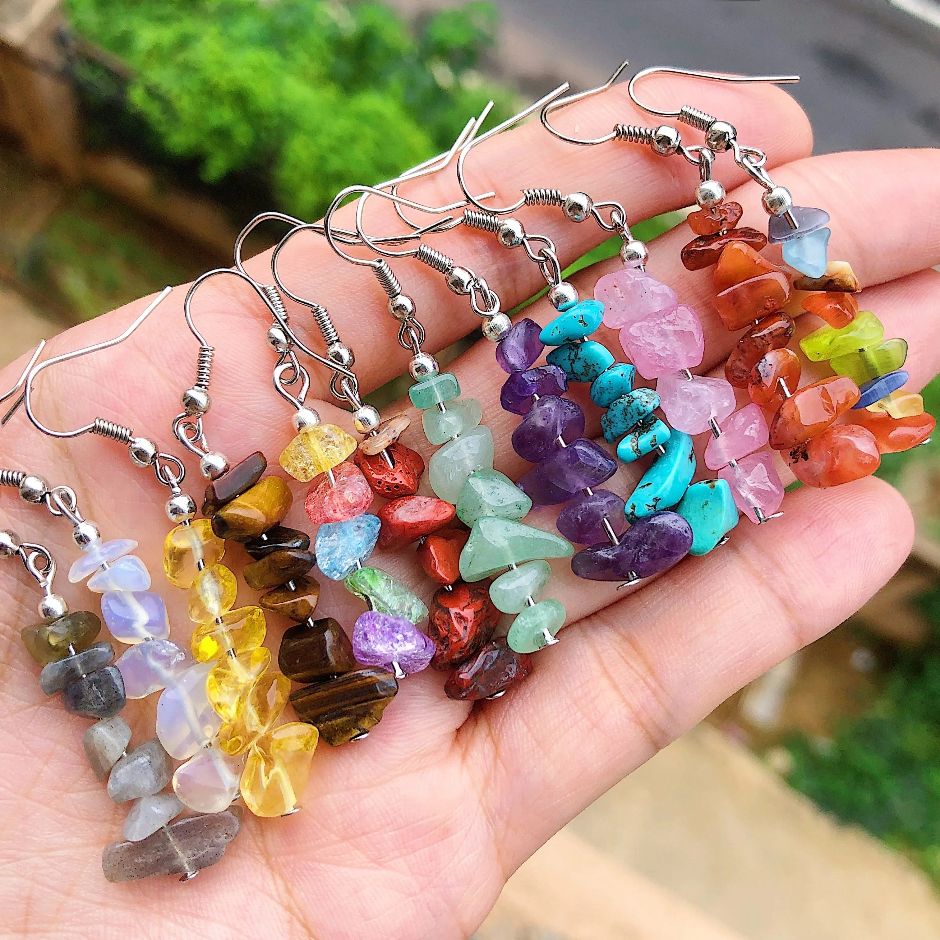 Chakra Gemstone Chip Earrings  Natural Stone Dangle Hooks