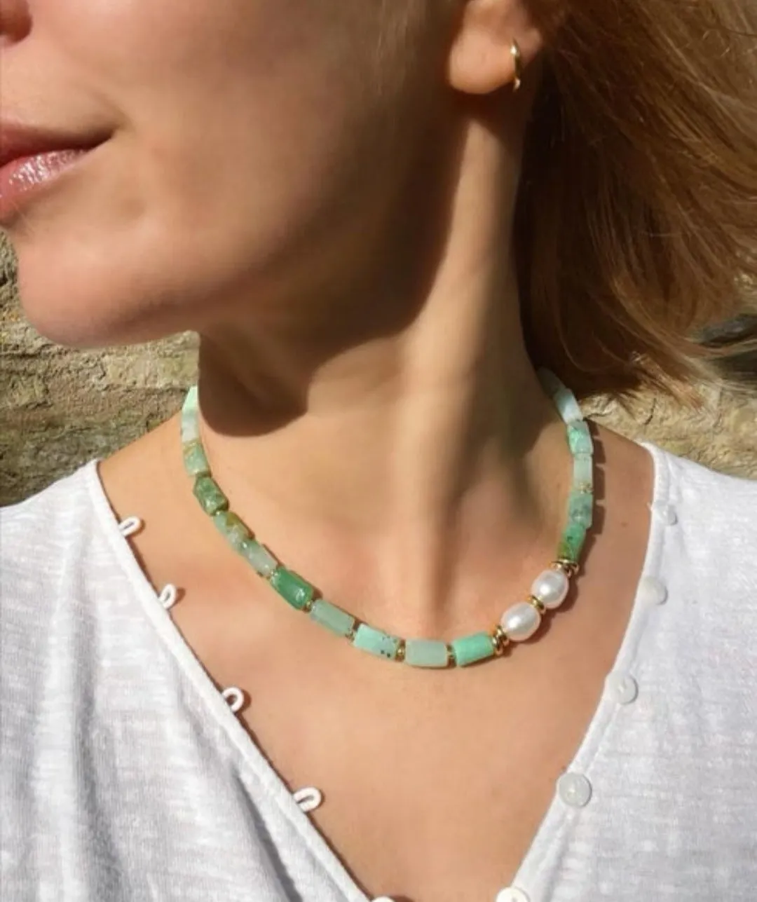 Chrysoprase Australian Jade, Mother of Pearl Choker Necklace - Abundance, Protection, Prosperity