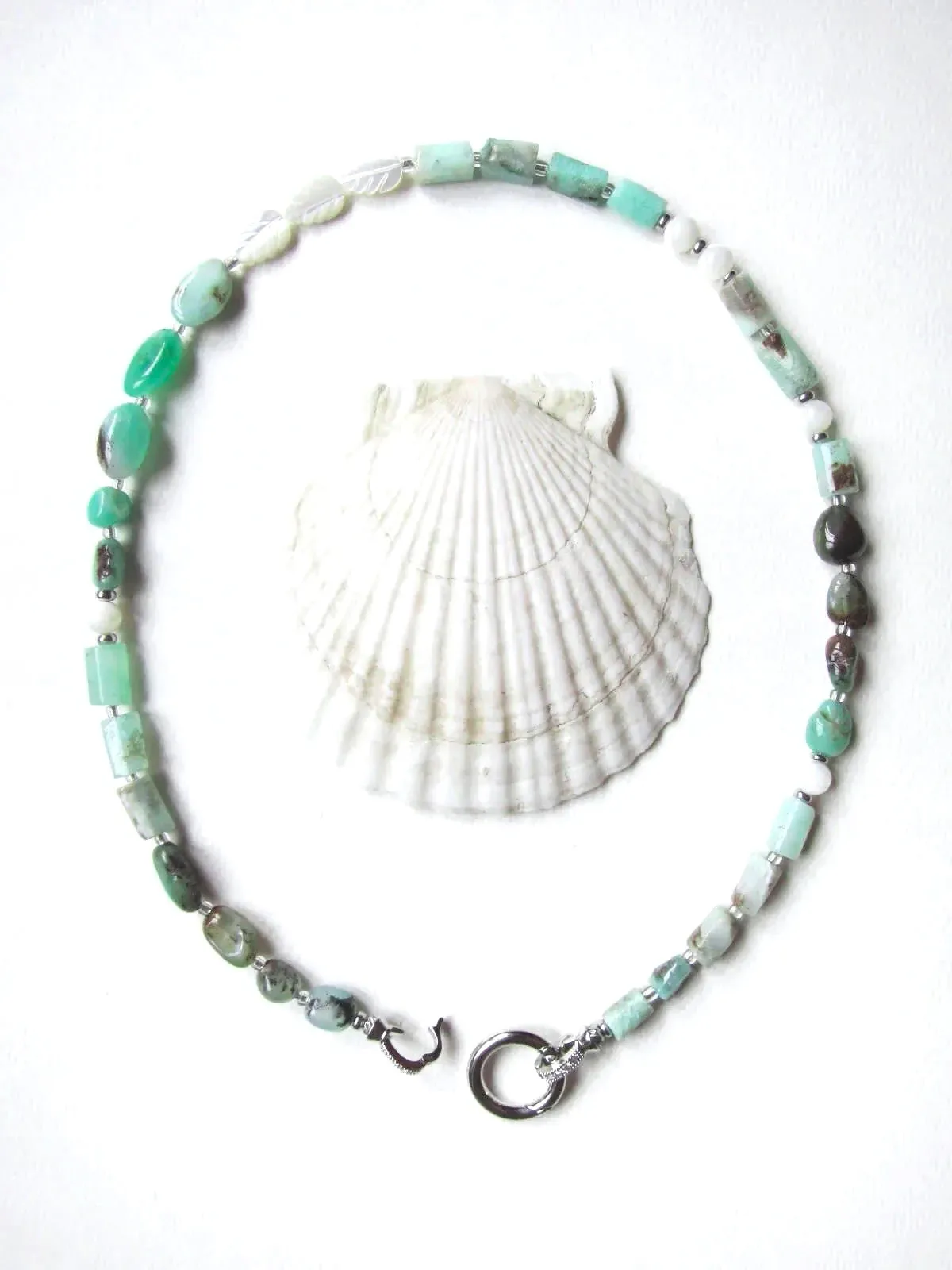 Chrysoprase Australian Jade, Mother of Pearl Choker Necklace - Abundance, Protection, Prosperity