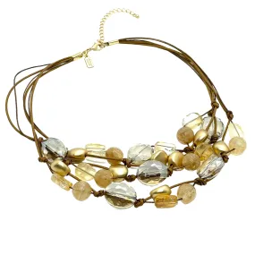 Citrine and Champagne Quartz Bronze Leather and Linen Torsade Necklace