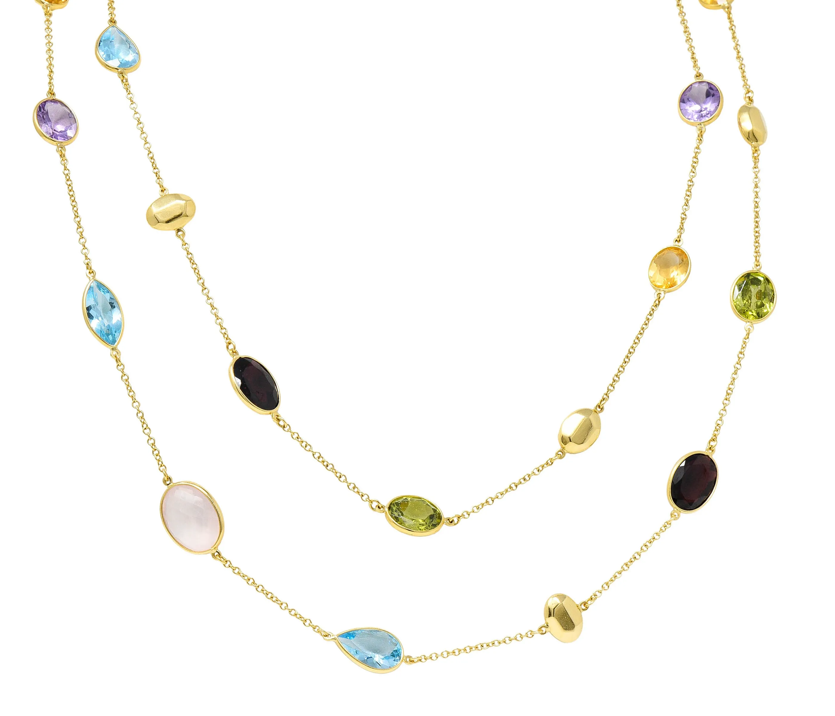 Citrine Garnet Amethyst Multi-Gem 18 Karat Gold Gemstone Station Long Chain Necklace