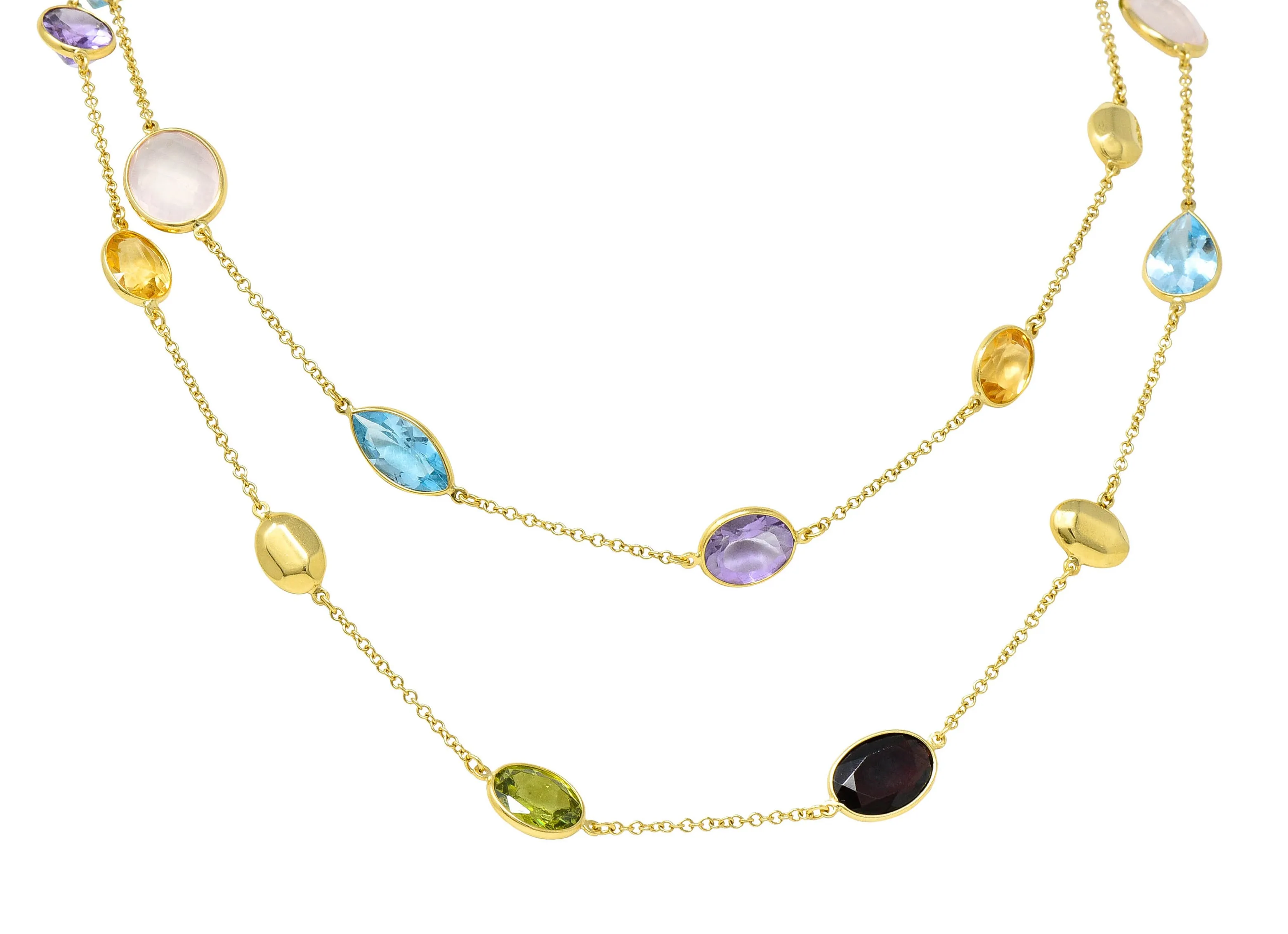 Citrine Garnet Amethyst Multi-Gem 18 Karat Gold Gemstone Station Long Chain Necklace